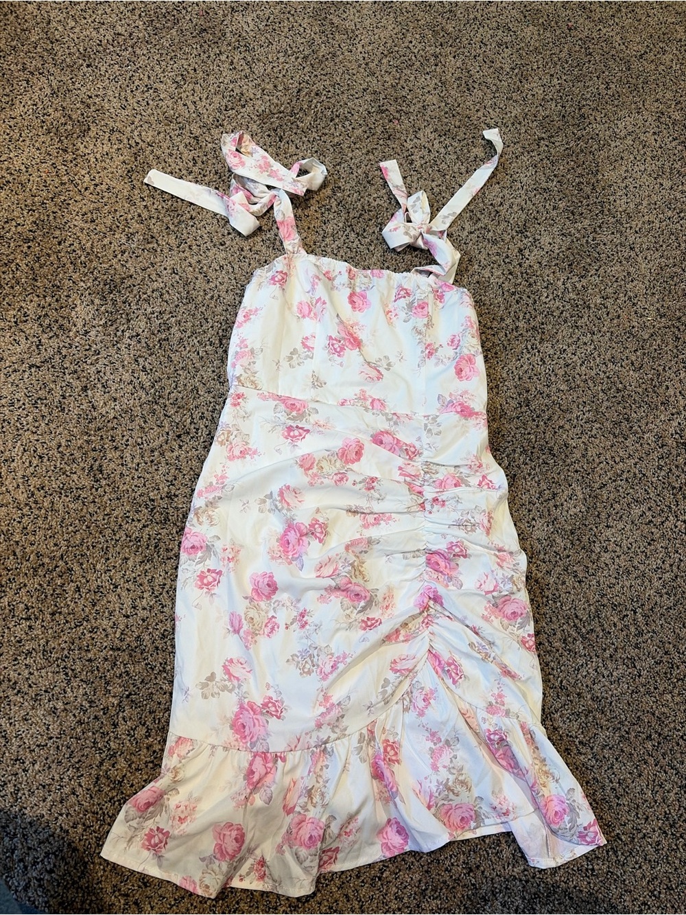 SHEIN White Floral Tie-Shoulder Mini Dress with Pink Rose Print